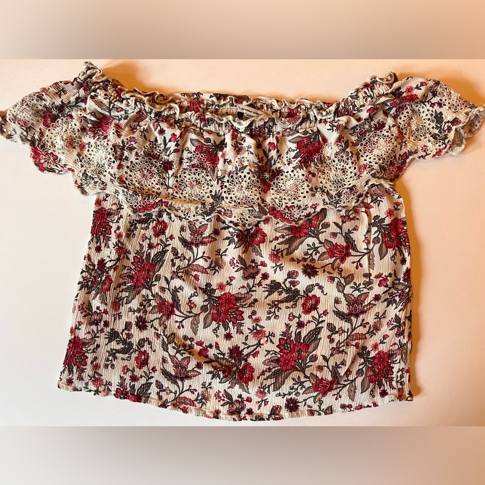 American Eagle Outfitters Cream and Red Ruffled Smocked Blouse